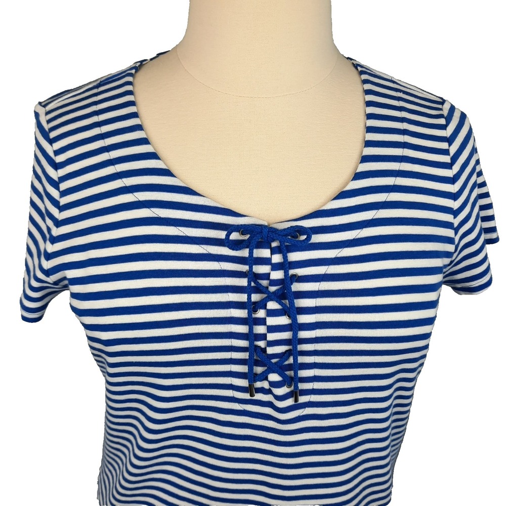 Chaps Top Blue White Stripes Lace Up Womens Large Cotton‎ Knit Nautical Preppy